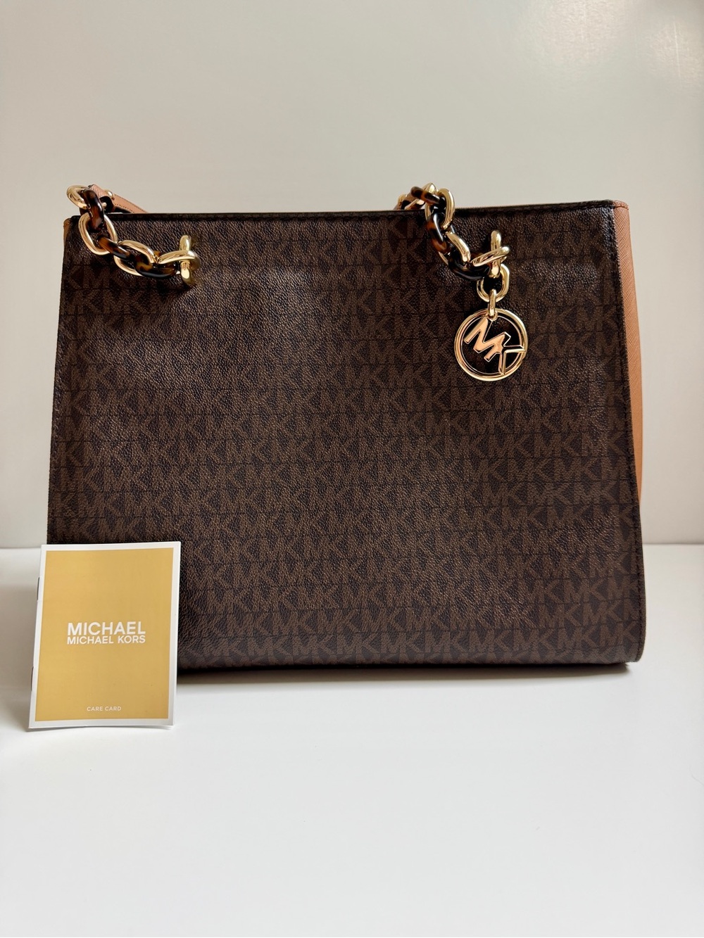 Michael Kors Sofia Tote Brown Logo Print Gold & Tortoise Shell Chain NWOT